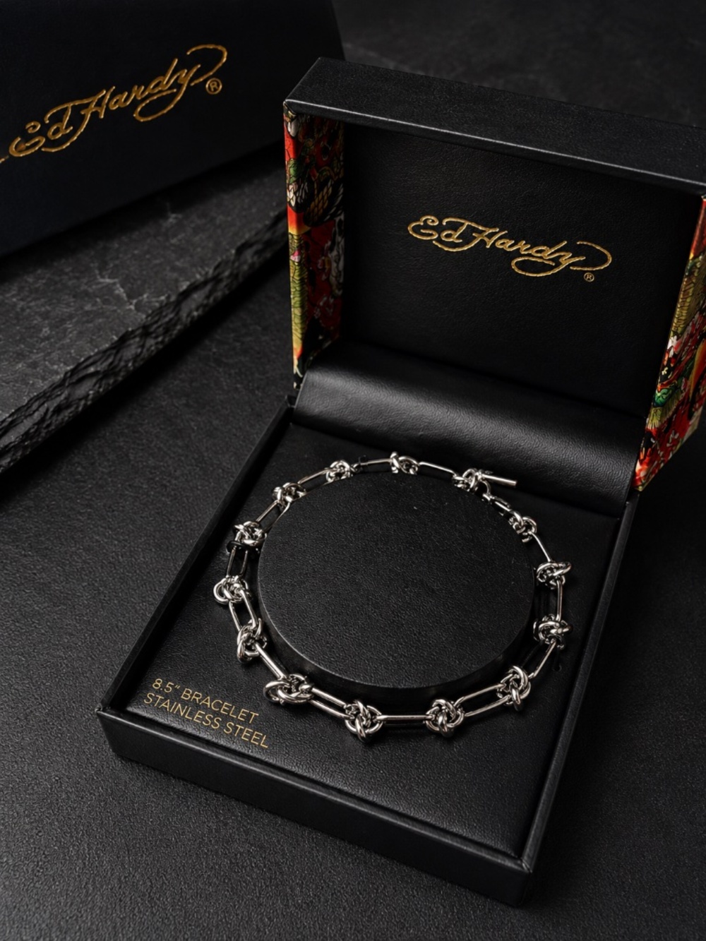 Ed Hardy Stainless Steel 8.5" Silver Tone Knot Link Chain Bracelet NIB